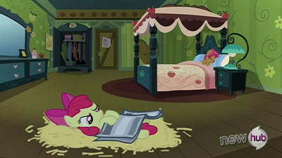 Aww, c'mon Applebloom, sleeping on the floor isn't all that bad. I've been doing it for eight years and I don't think I'll ever go back to mattresses. They're expensive, a pain to move and clean, and just plumb overrated if you ask me. Better use for that mattress: breaking your fall when being bumped out of a giant golden apple float.