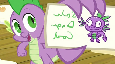 If you hold that card up to a mirror, it /almost/ reads "Spike Dragon Code." It could also just as easily read "Space For Rent," though.